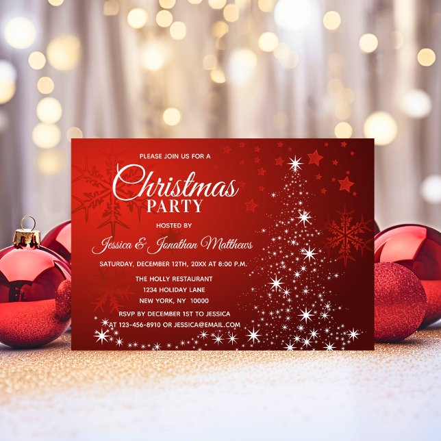 Red CHRISTMAS PARTY White Snöflingor Träd Gnistra Inbjudningar (Red CHRISTMAS PARTY White Snowflakes Tree Sparkle Invitation)