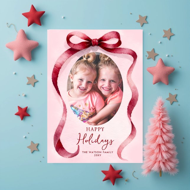 Red Christmas Photo Bow Ribbon  Helg Vykort (Cute Red Christmas 4 Photo Bow Ribbon Holiday Card)