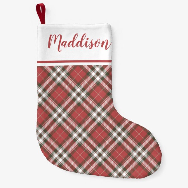 Red Christmas plaid pattern personalized name  Liten Julstrumpa (Framsidan)
