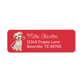 Red Christmas Puppy in a Scarf address label Returadress Etikett