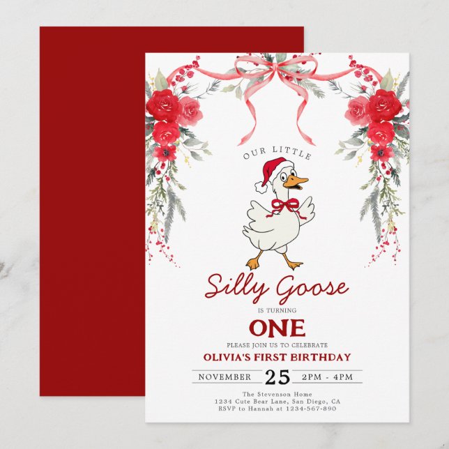 Red Christmas Silly Goose Girl 1st Birthday Inbjudningar (Fram/baksida)