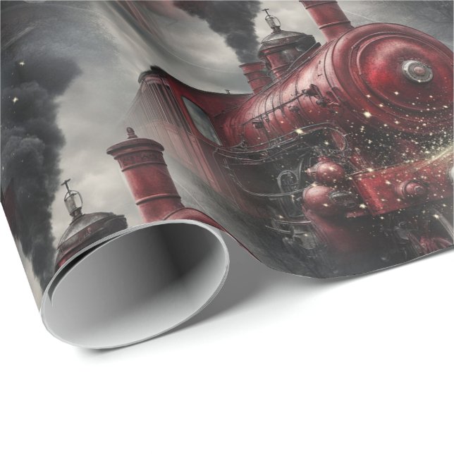 Red Christmas Steam Train  Presentpapper (Rullad Hörn)