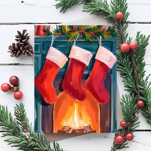 Red Christmas Stockings Fireplace Watercolor Julkort (Skapare uppladdad)