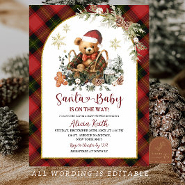 Red Christmas Tartan Cozy Santa Bear Baby Shower Inbjudningar