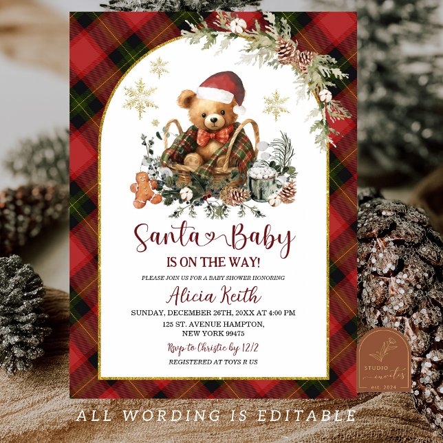 Red Christmas Tartan Cozy Santa Bear Baby Shower Inbjudningar (Skapare uppladdad)
