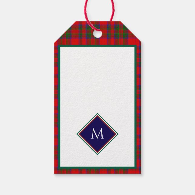 Red Christmas Wool Texture Plaid with Monogram Presentetikett (Framsidan)