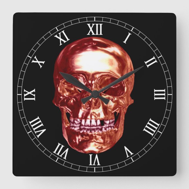 Red Chrome Skull Square Roman Numerals Clock Fyrkantig Klocka (Framsida)