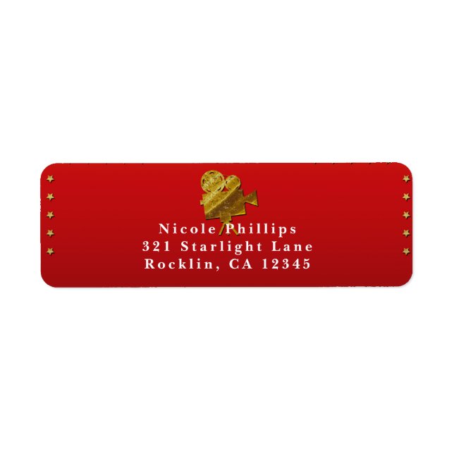 Red Cinema & Guld Stars Hollywood Party bjudan Returadress Etikett (Framsidan)