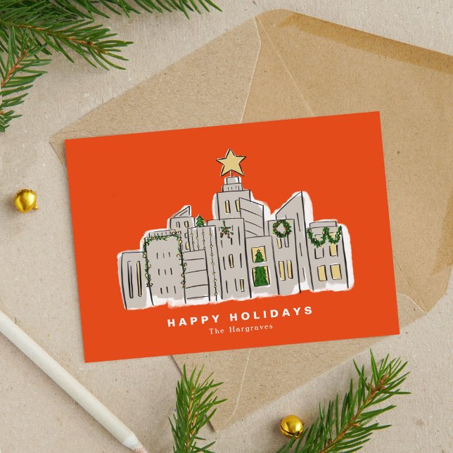 Red City Skyline Corporate-julkort Julkort (Red City Skyline Illustration Corporate Christmas Card)
