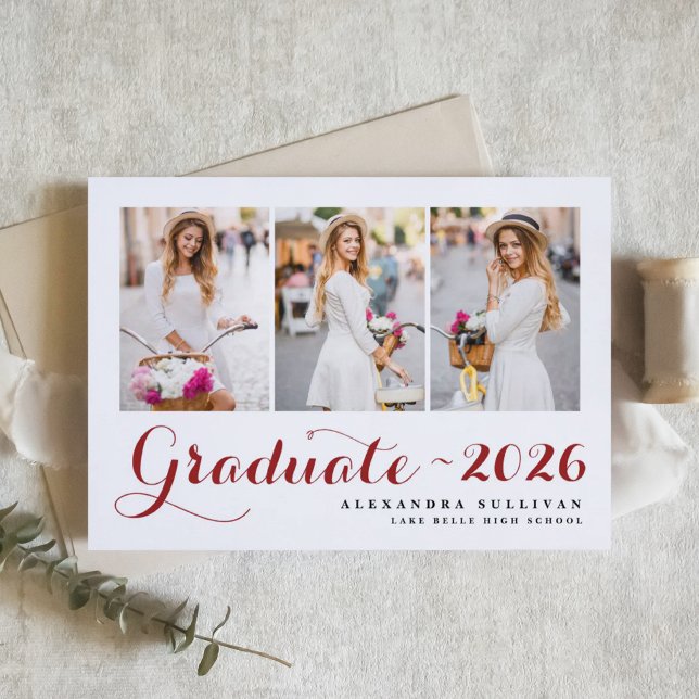 Red Class of 2025 Photo Collage Studenten Inbjudningar (Customizable photo collage graduation invitation featuring modern calligraphy. )