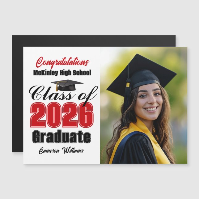 Red Class of 2026 Graduation Photo Magnet Card (Fram/baksida)