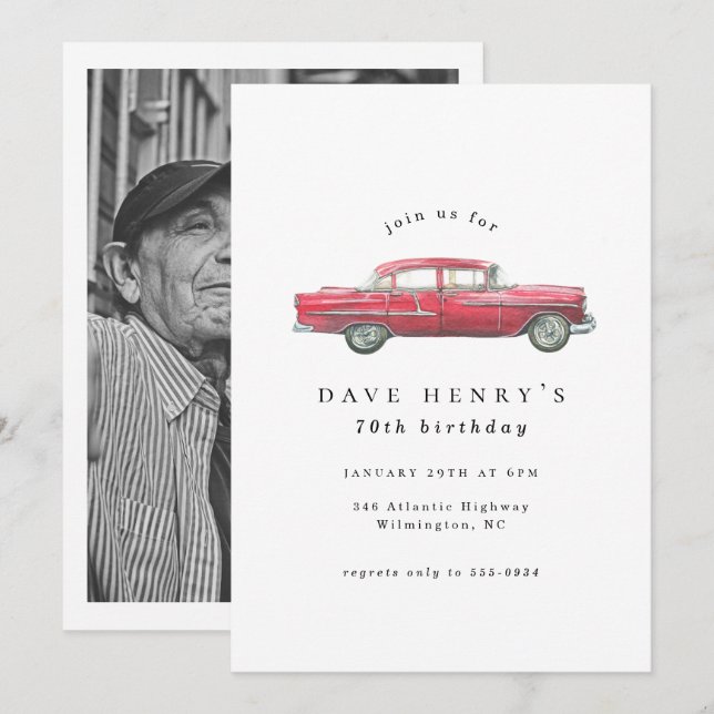 Red Classic Antique Car Male Photo Birthday Inbjudningar (Fram/baksida)
