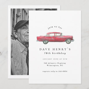Red Classic Antique Car Male Photo Birthday Inbjudningar