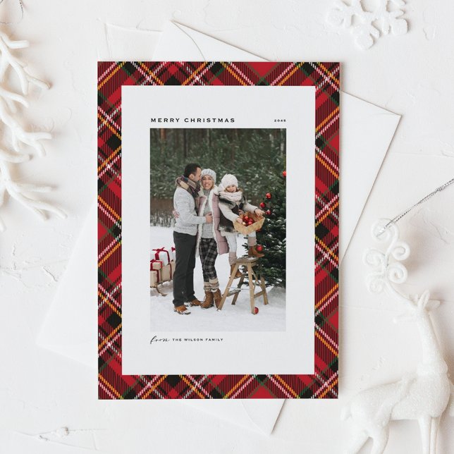 Red Classic Play Mönster Photo God jul (Classic Red Plaid Pattern Photo Merry Christmas Holiday Card)