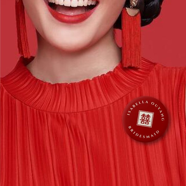 Red Classic Square Dubbla Xi Kinesisk Bröllopsfest Knapp (BRIDESMAID Red Classic Square Double Happiness Chinese Wedding Party Pin Button @ fatfatin_red_knot)