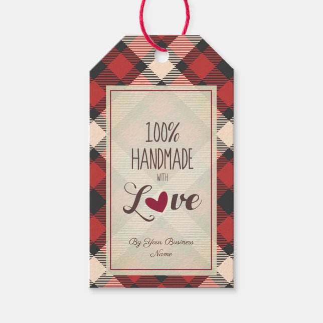 Red Classic Tartan Handmade with Love Quote Presentetikett (Framsidan)