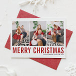 Red Classic Typography Photo Collage jul Julkort<br><div class="desc">God Jul! Skicka ditt varma önskemål den här säsongen med det här anpassadet ett jullokertecken. Den har enkel typografi. Anpassa genom att lägga till tre foton,  namn,  år och annan information. Det här moderna julkortet finns i andra färg och i andra djurhållare.</div>