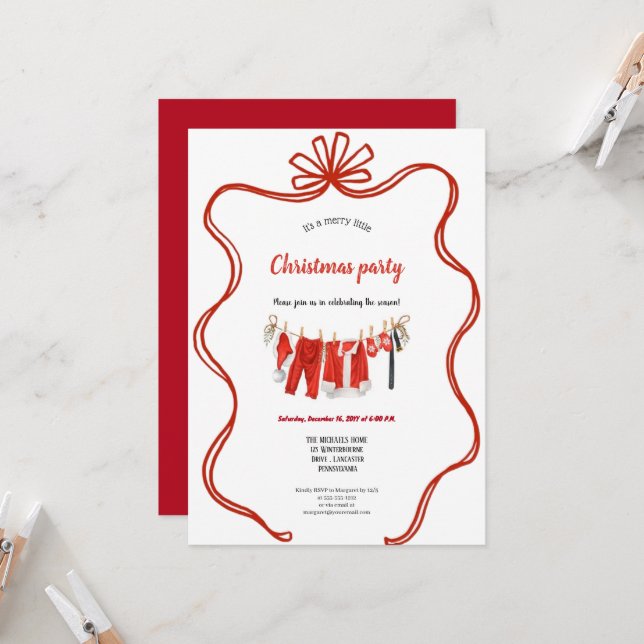 Red clothesline christmas invitation inbjudningar (Fram/Back In Situ)