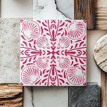 Red Coastal Sheashell Coral Kitchen Backsplash<br><div class="desc">Ett infångande rött och vitt mönster,  förlagt med segelceller,  fångat kärnan i det traditionella portugisiska stil och influenser av aztec-konsten,  med modern beröring. Denna konstruktion sammanfogar den minimalistiska symmetrin och den vågade,  geometriska,  handritade karmen.</div>