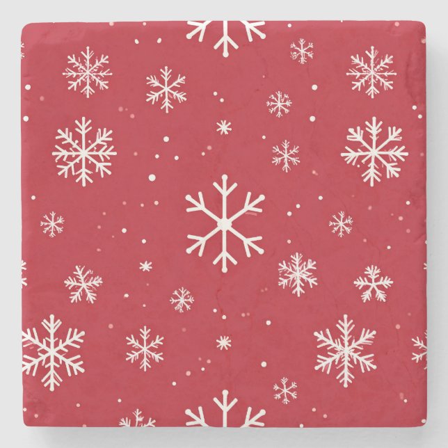 Red coaster with white snowflake pattern stenunderlägg (Framsidan)