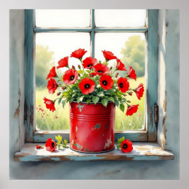 Red Coffee Tin of Red Poppies Poster