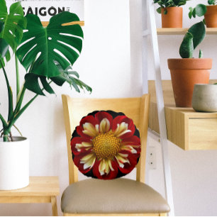 Red Collarette Dahlia-Blommigten på Black Rund Kudde