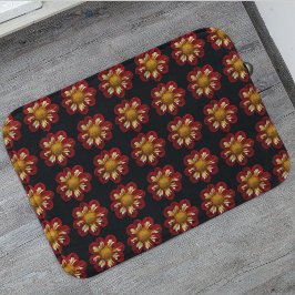 Red Collarette Dahlia-Blommönstret på Black Badrumsmatta