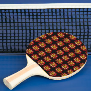 Red Collarette Dahlia-Blommönstret på Black Pingisracket