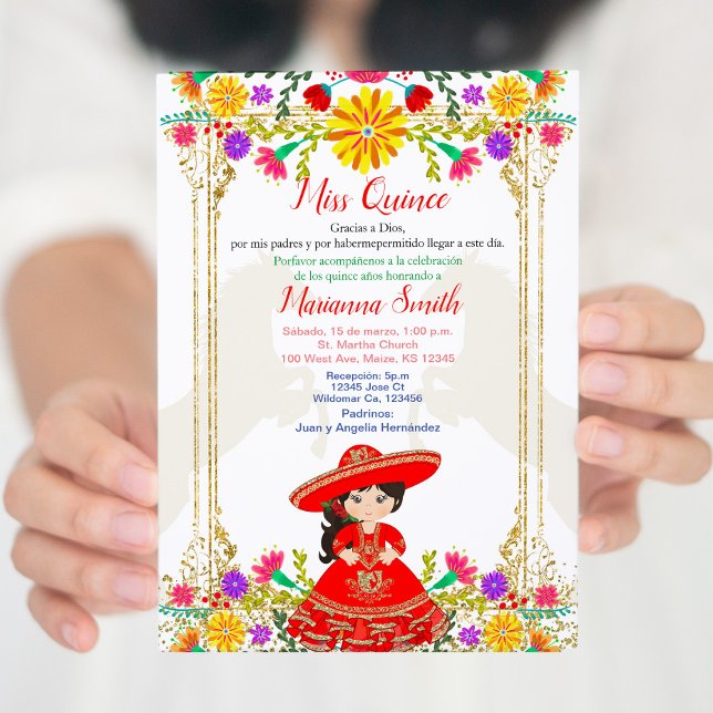 Red Colorful Mexican Blommigt Quinceañera Invati Inbjudningar (Skapare uppladdad)