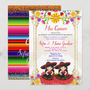 Red Colorful Mexican Blommigt Twin Quinceañera Inbjudningar