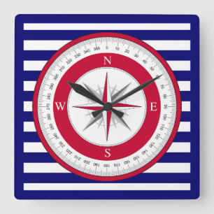 Red Compass Ro Blue och White Rand Fyrkantig Klocka