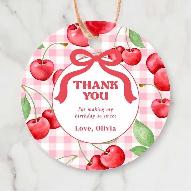 Red Coquette Bow Cherry Födelsedagsfest Tack Gåvor Etiketter (Skapare uppladdad)