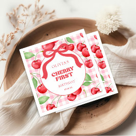Red Coquette Bow Cherry Första Födelsedagsfesten Pappersservett