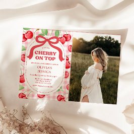 Red Coquette Bow Cherry on Top Baby Shower Photo Inbjudningar