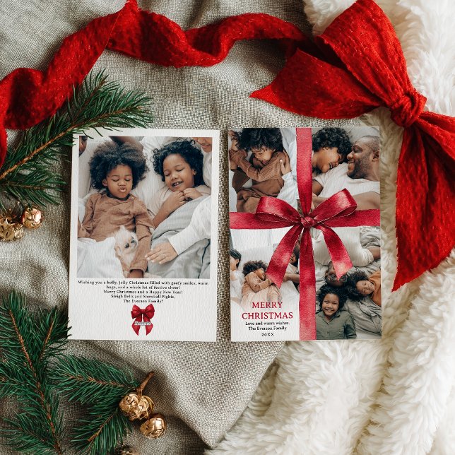 Red Coquette Bow Christmas Winter 5 Photo Julkort (Red Coquette Bow Christmas Winter 5 Photo Holiday Card)
