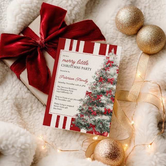 Red Coquette Bow Merry Little Christmas Tree Party Inbjudningar (Red Coquette Bow Merry Little Christmas Tree Party Invitation)