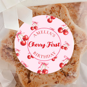 Red Coquette Cherry First Birthday Sticker Runt Klistermärke