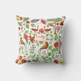 Red Coral Lime Rosa Lilac Blommigt Bird Mönster Kudde