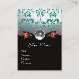 RED CORAL RO,GRÖNT BLACK WHITE DAMASK MONOGRAM VISITKORT