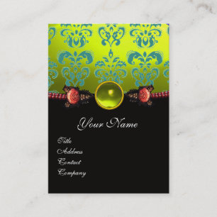 RED CORAL RO,GRÖNT GULT BLACK DAMASK MONOGRAM VISITKORT