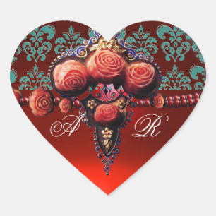 RED CORAL RO, RUBY DAMASK HEART MONOGRAM HJÄRTFORMAT KLISTERMÄRKE