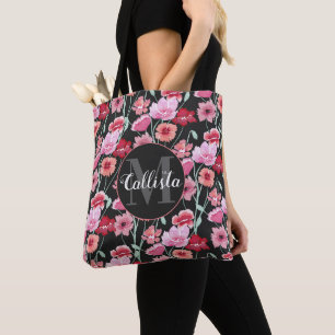 Red Coral Rosa Black Watercolor Flowers Monogram Tygkasse