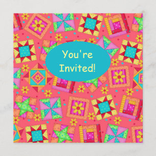 Red Coral Turcos Patchwork Quilt Block Art Inbjudningar