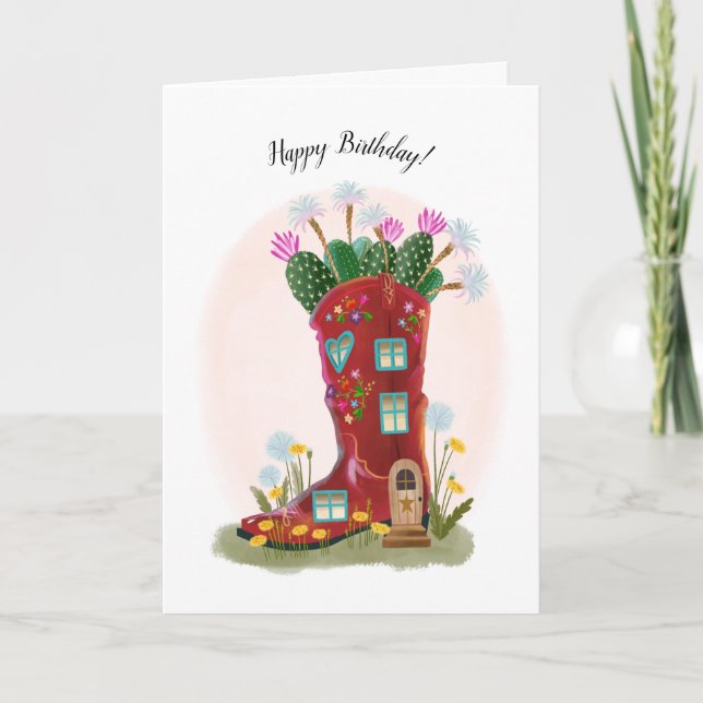 Red Cowboy Boot and Cactus Birthday Card Kort (Framsida)