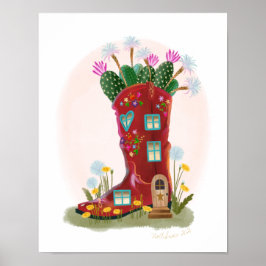 Red Cowboy Boot and Cactus House Art Print Poster