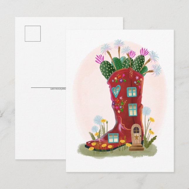 Red Cowboy Boot och Cactus vycard Vykort (Fram/baksida)