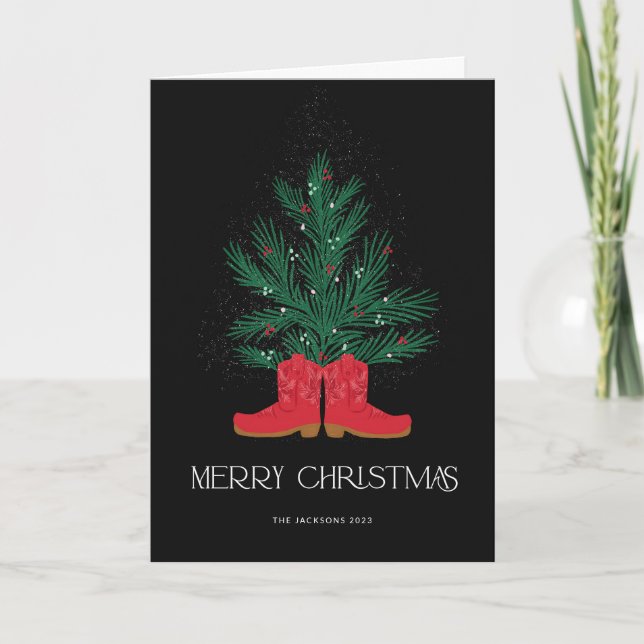 Red Cowboy Boots och Spruce God jul Kort (Framsida)