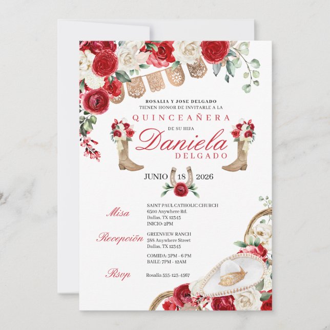 Red Cowgirl Boots & Ropes Mariachi Quinceañera Inbjudningar (Framsida)