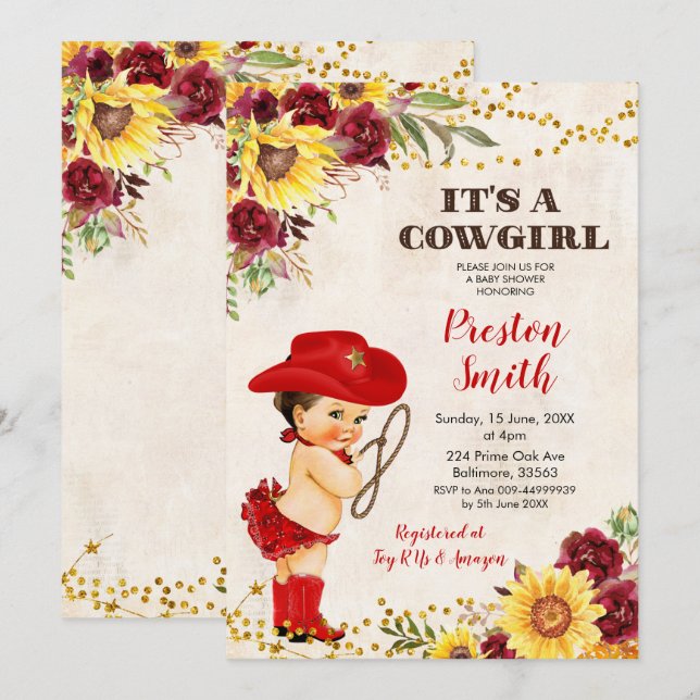 Red Cowgirl Brown Hair Ro&Sunsphere Baby Shower Inbjudningar (Fram/baksida)