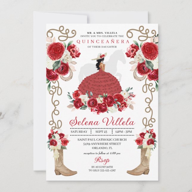 Red Cowgirl Princess Horse Charro Quinceañera Inbjudningar (Framsida)